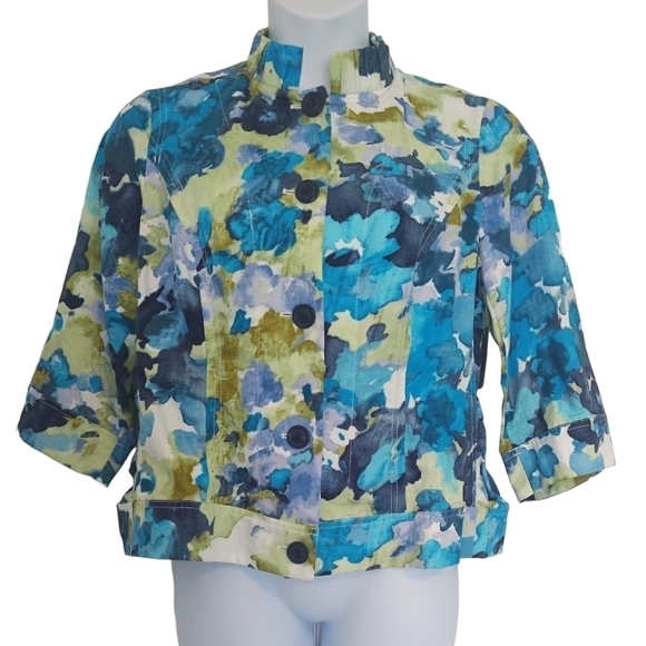 Coldwater Creek NWT Linen Blend Blue Yellow Watercolor Ruffle Jacket Art to Wear - Picture 1 of 9